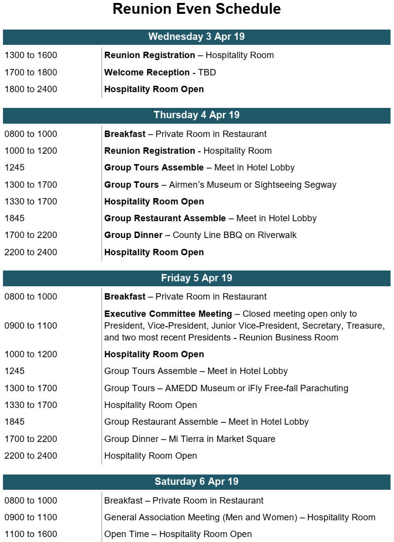 Reunion Events Schedule